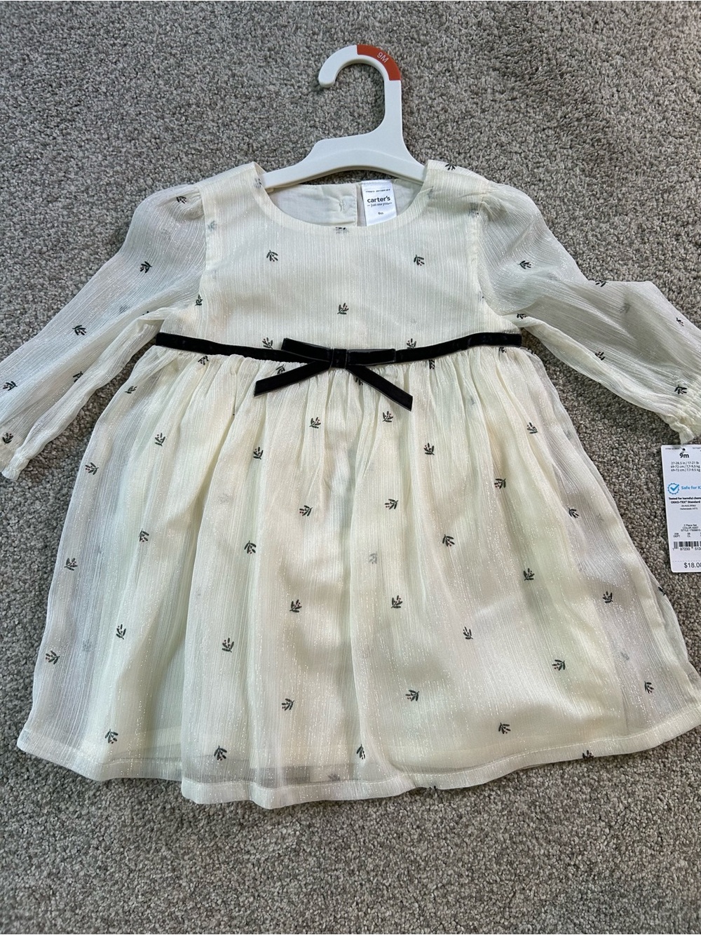 Carter's Cream Long-Sleeve Tulle Dress with Black Bow